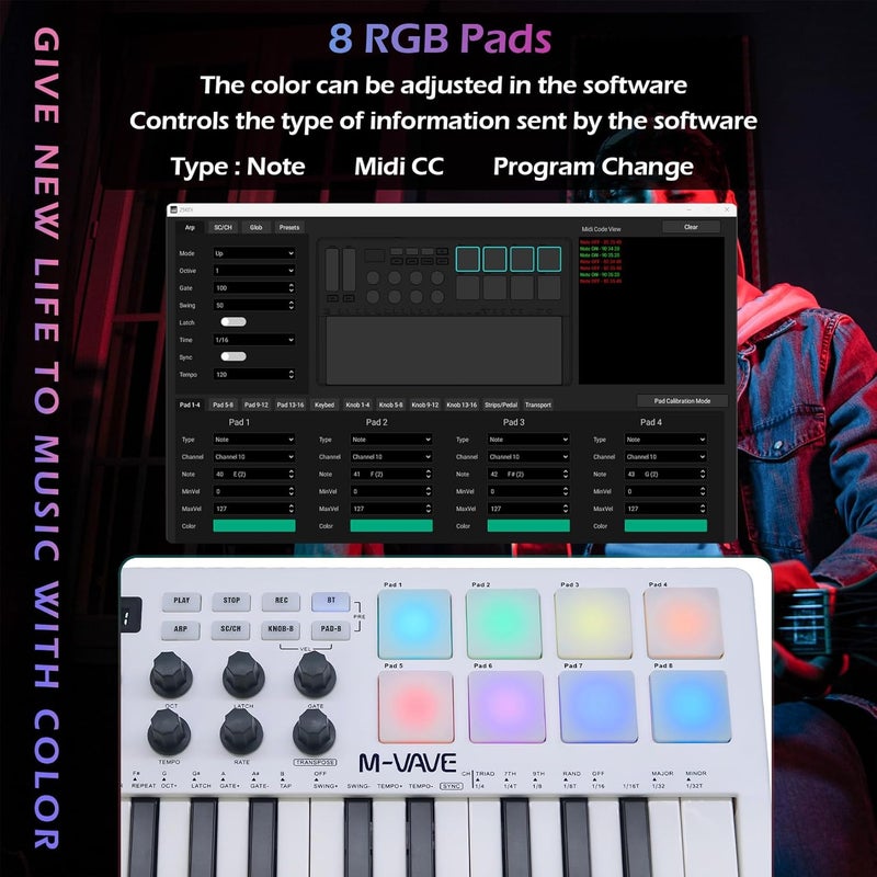 M-VAVE 25 مفتاح 8 وسادات درام مضاءة MIDI لوحة مفاتيح – صانع إيقاعات محترف وكيتر لإنتاج الموسيقى على لوحة المفاتيح مع بطارية مدمجة اتصال لاسلكي أبيض - Image 4